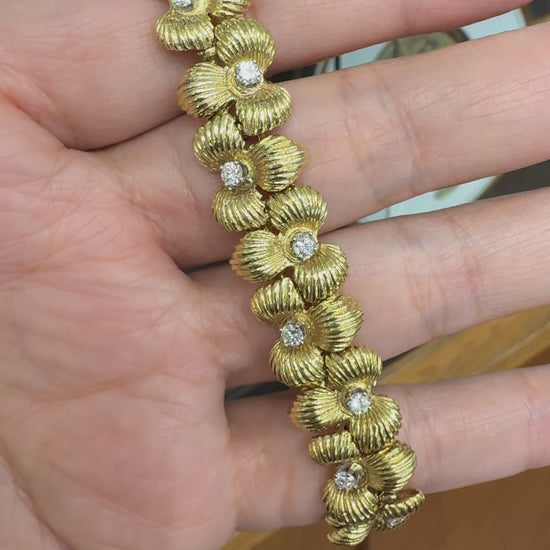 Vintage 1970's Flower Diamond Bracelet 18k Yellow Gold