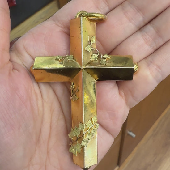 Large Antique Victorian Cross Pendant with Ivy Leaves 15k Yellow Gold