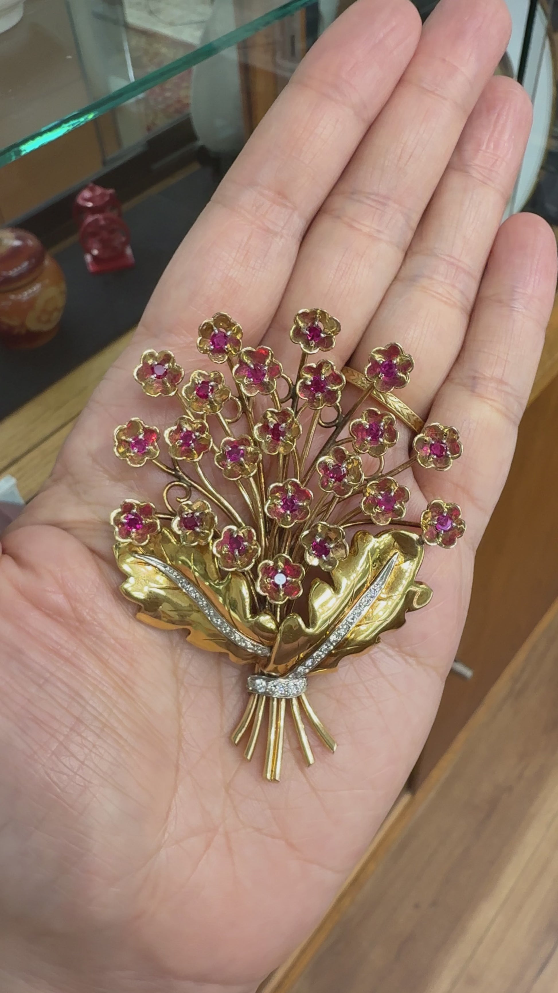 Vintage 1940's Retro Ruby and Diamond Large Flower Brooch Pin 14k/18k Gold