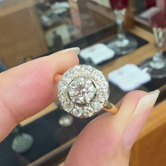 Vintage 1940's Old Mine Cut Diamond Halo Ring 14k Gold