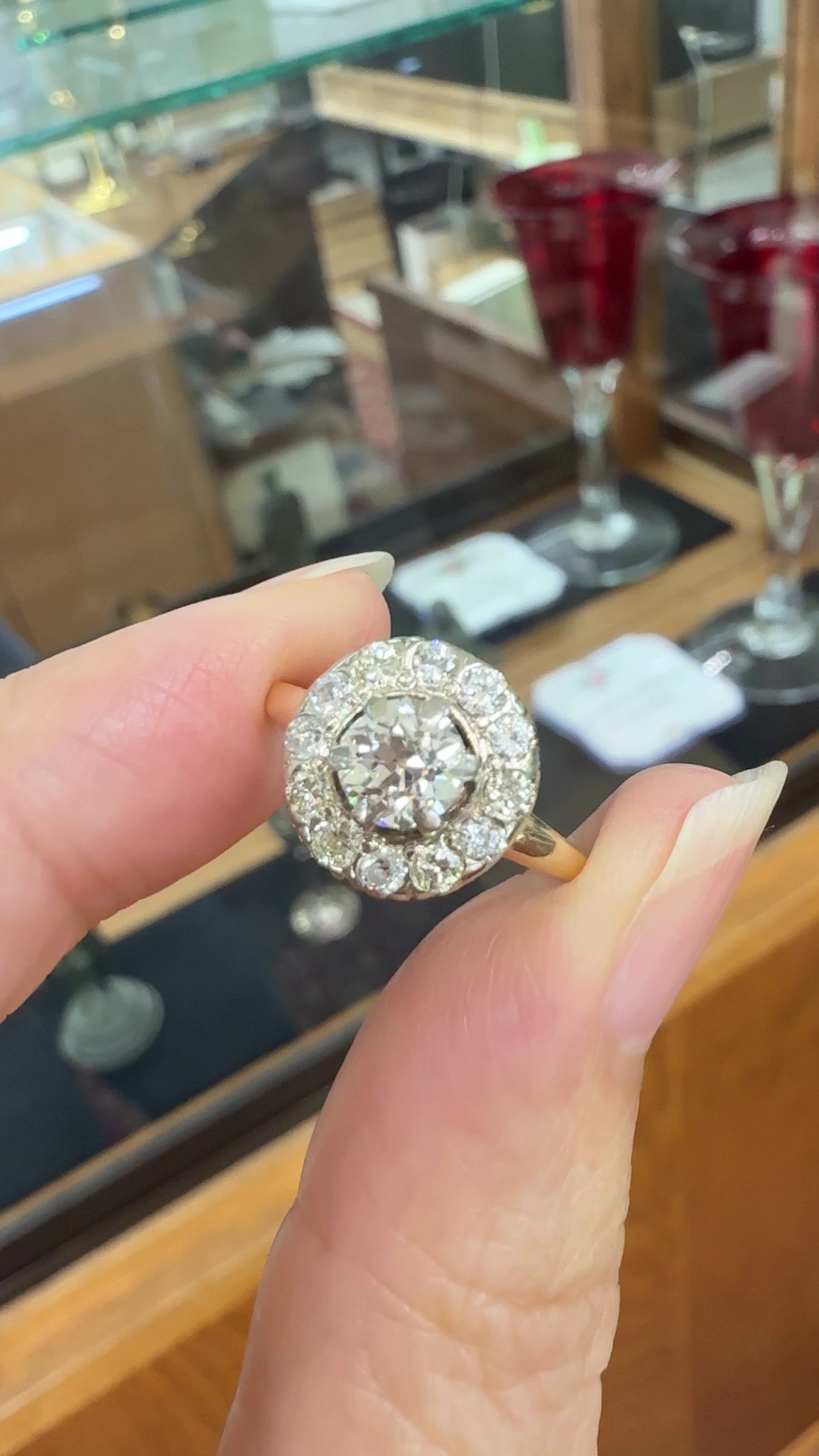 Vintage 1940's Old Mine Cut Diamond Halo Ring 14k Gold