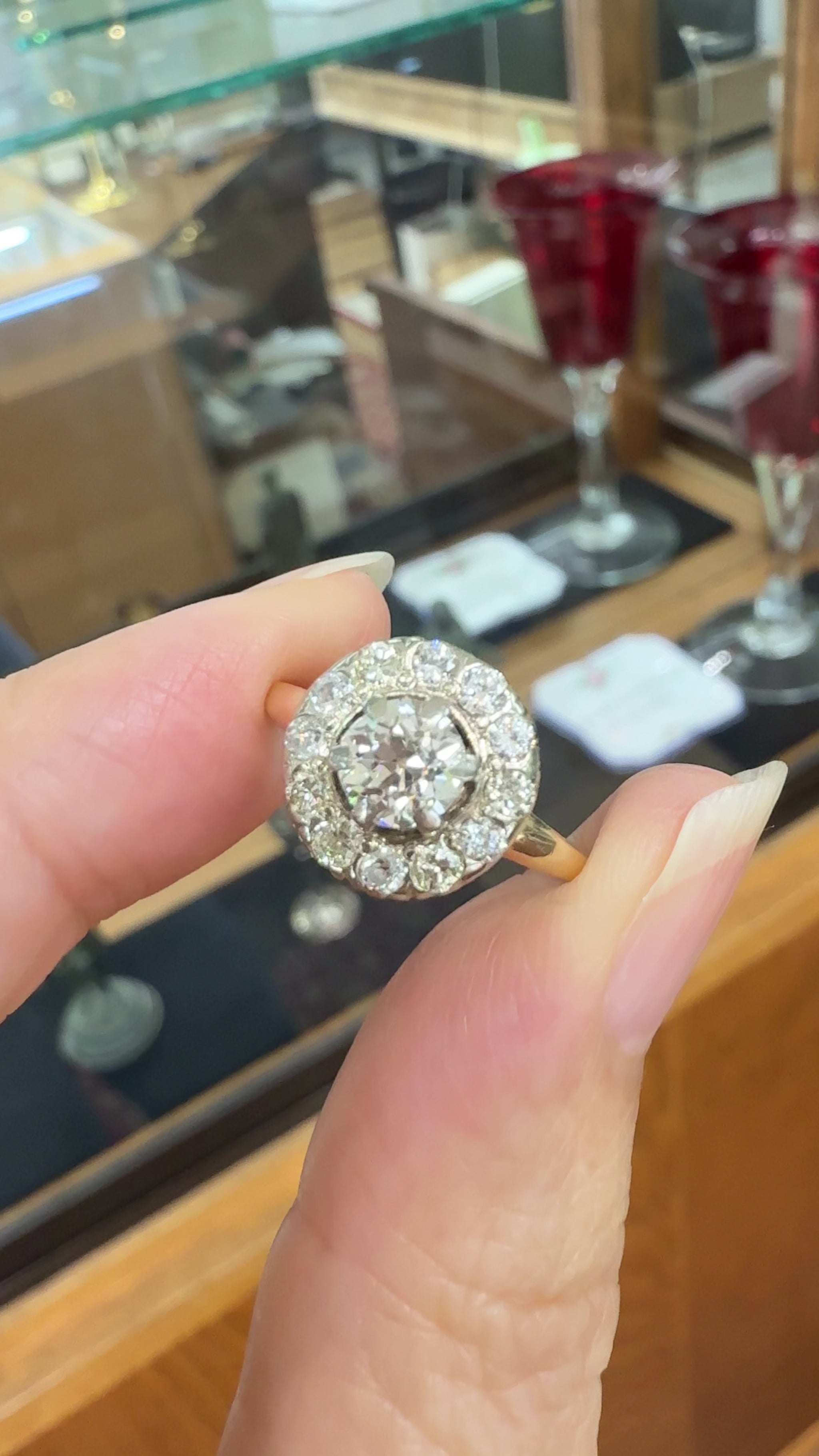 Vintage 1940's Old Mine Cut Diamond Halo Ring 14k Gold