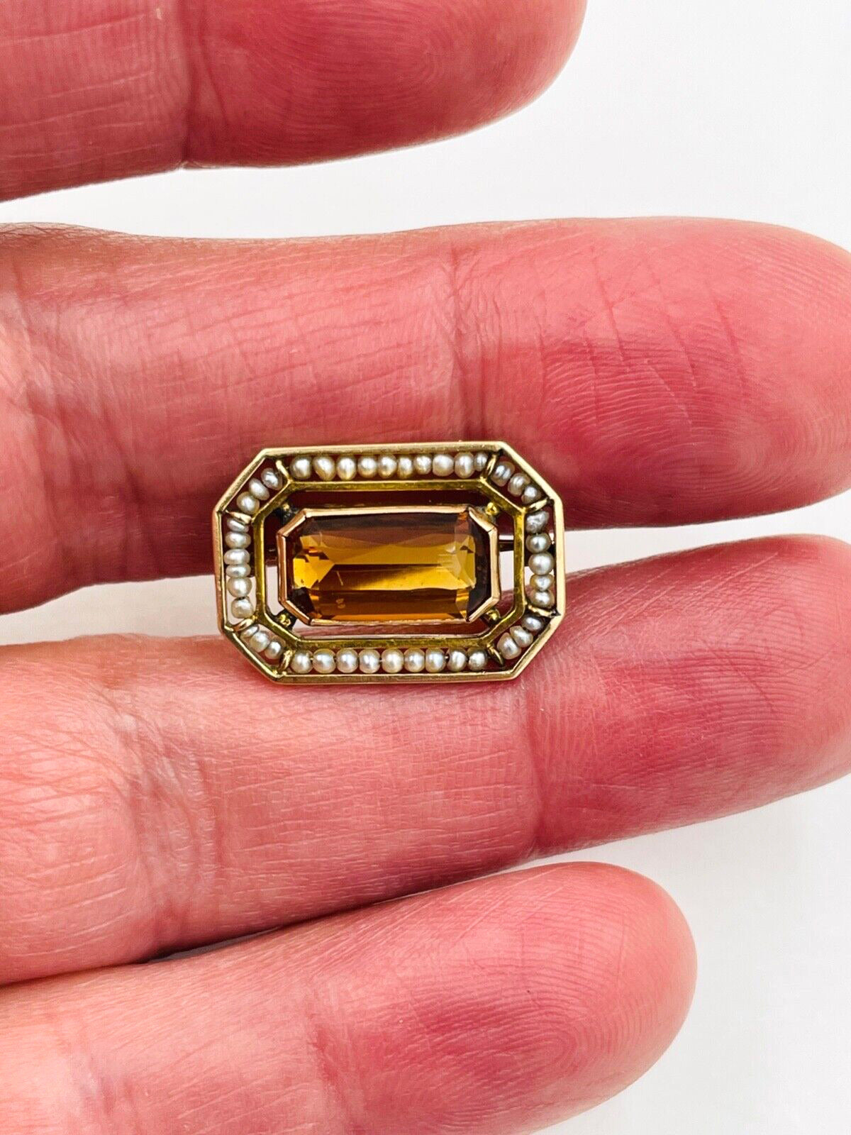 Victorian 10k Yellow Gold Citrine color stone Pin Brooch Seed Pearl