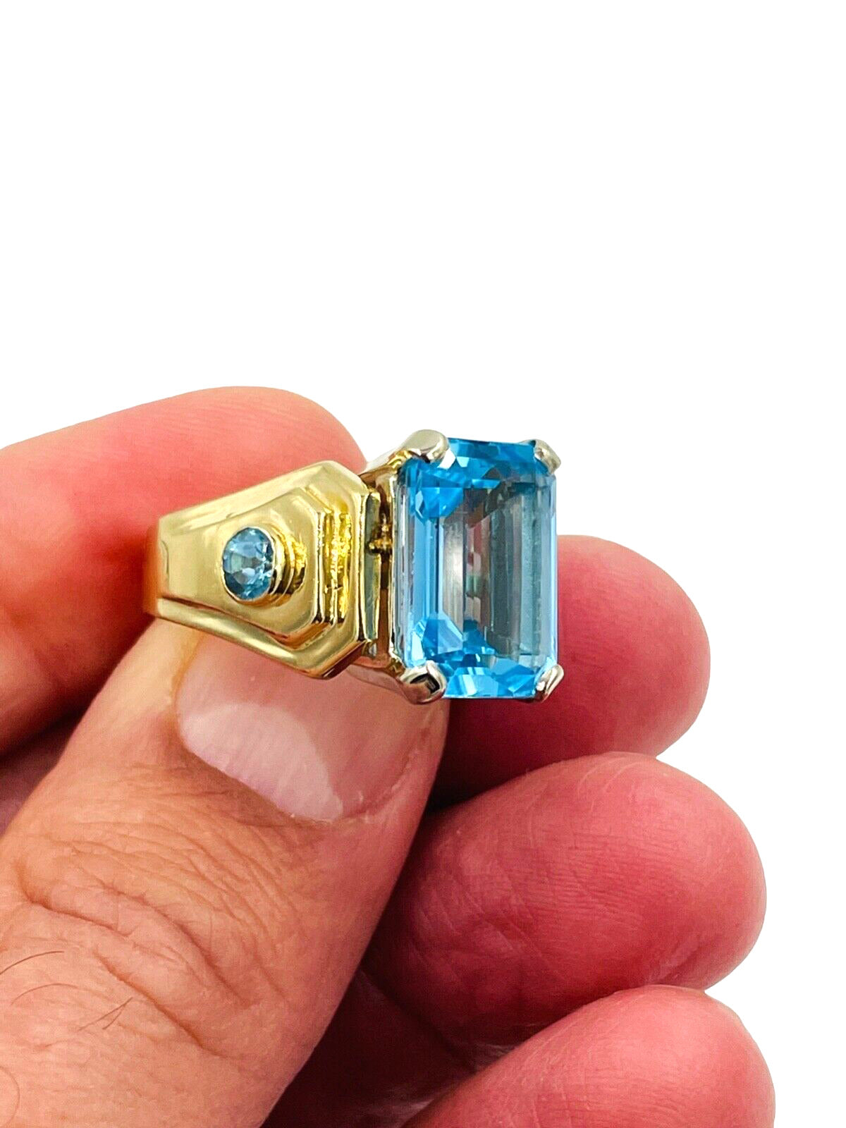 Designer 14K yellow Gold  Emerald Cut Blue Topaz Cocktail Ring