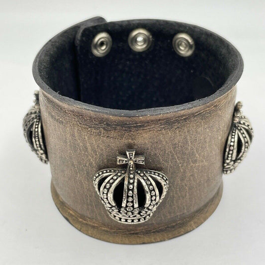 Royalty Collection Sterling Silver Crown Brown Leather Bracelet Strap