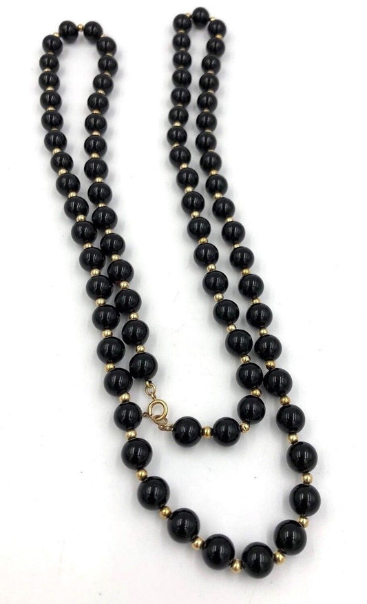 Vintage 14k yellow gold Onyx bead Necklace 14k Gold spacers 32"