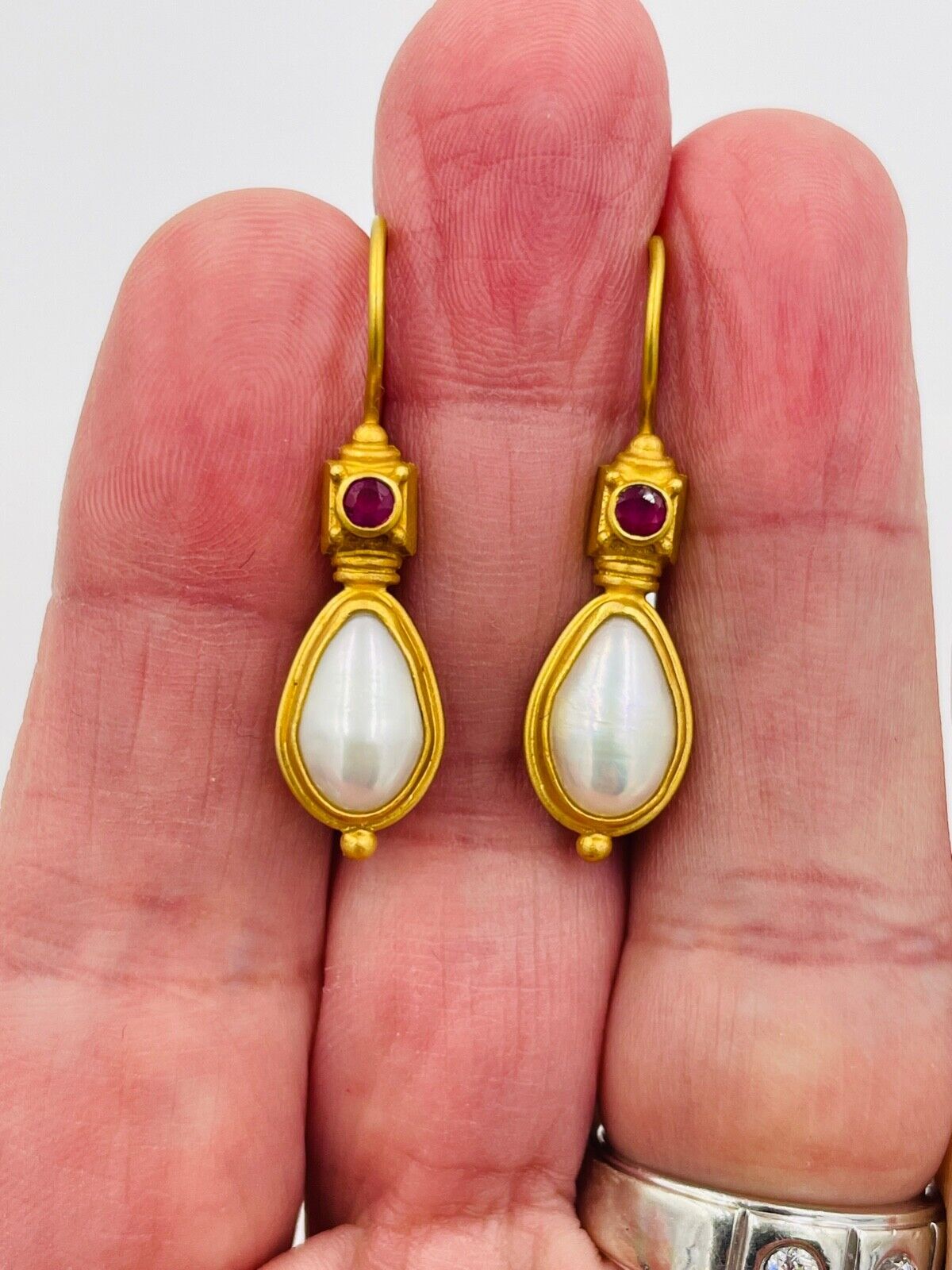 Greece 18k Yellow Gold Ruby and Pearl Etruscan Style Earrings