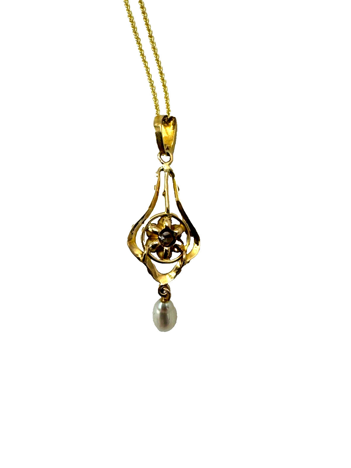 Antique Lavalier  10k Yellow Gold Diamond Pearl Pendant Necklace Art Nouveau