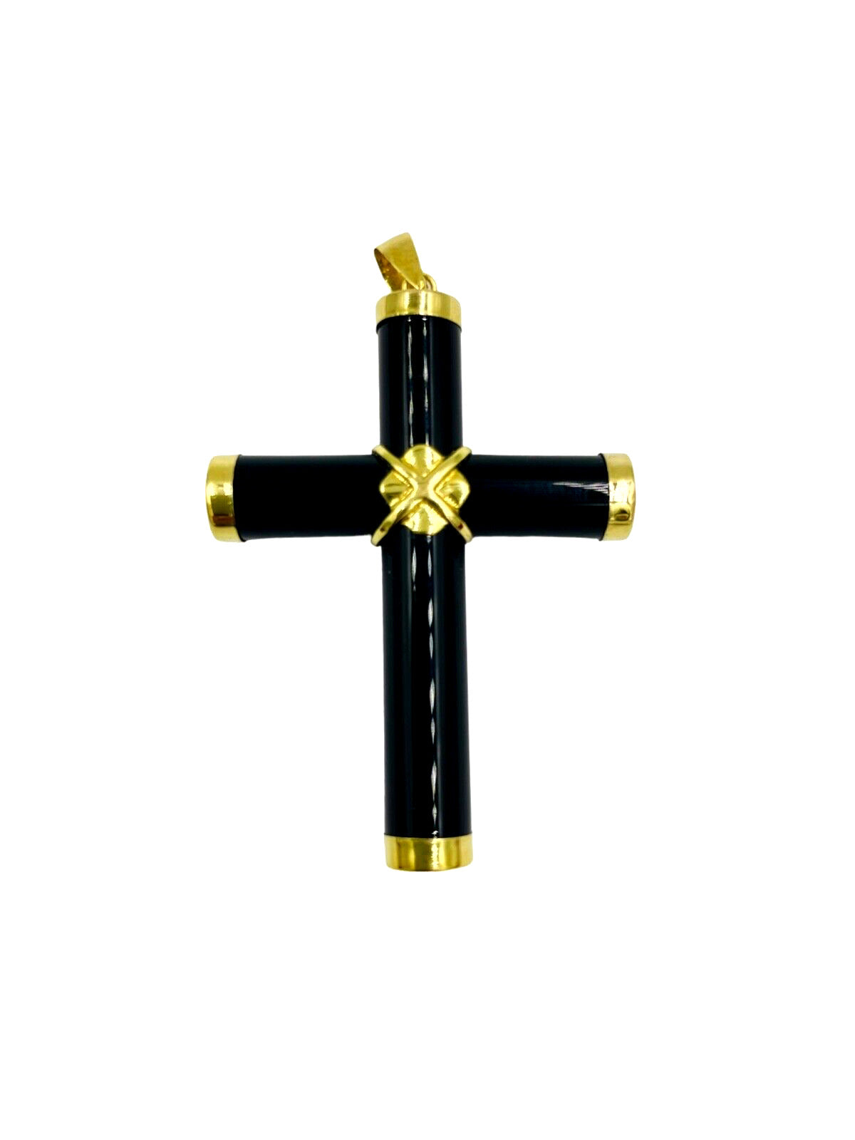 Vintage 14k yellow Gold Onyx flower Cross pendant double sided