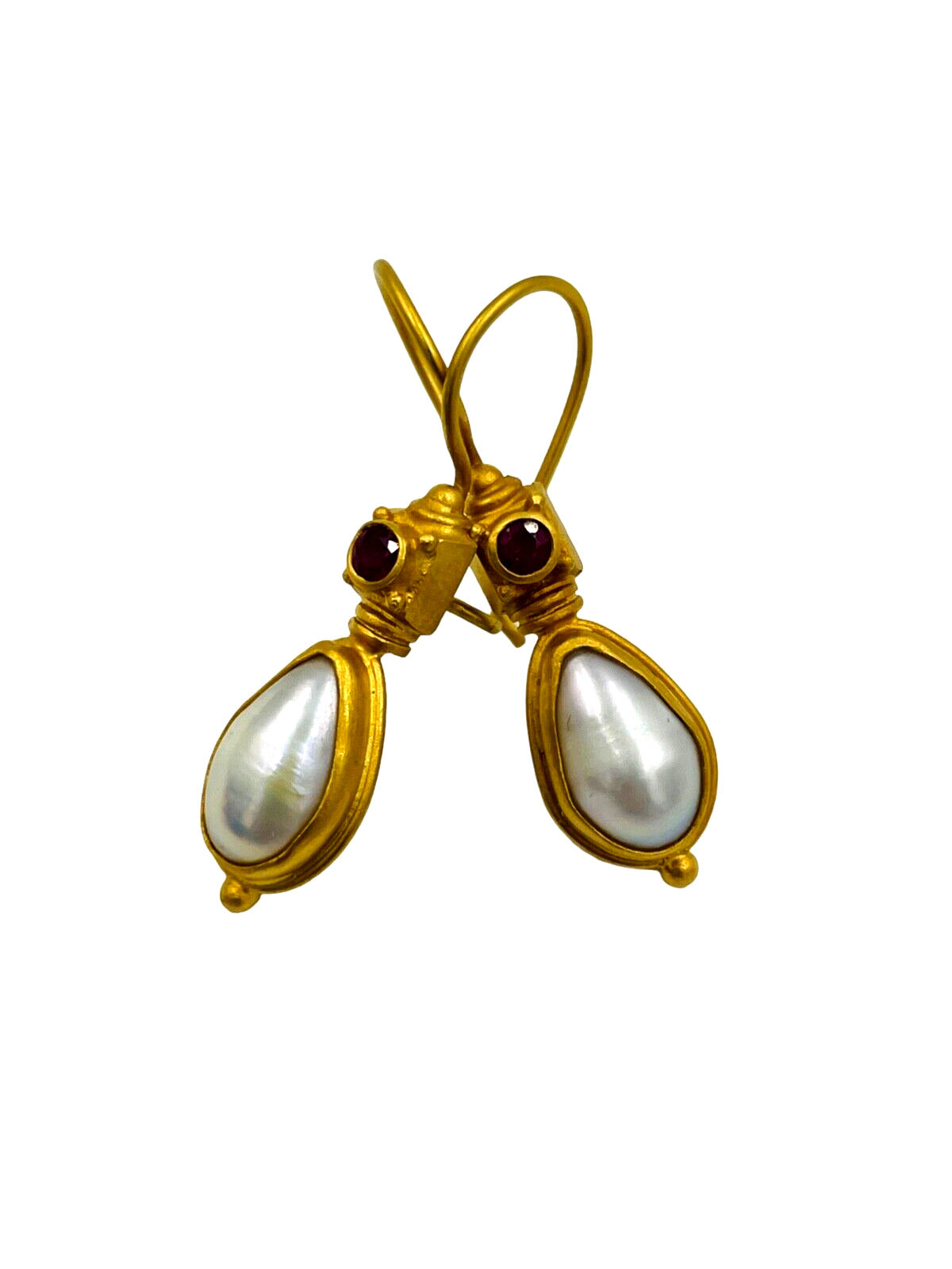 Greece 18k Yellow Gold Ruby and Pearl Etruscan Style Earrings
