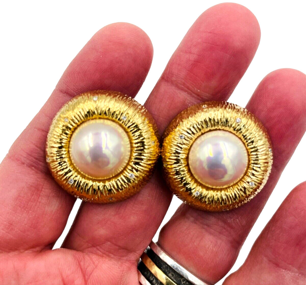 Mabe Pearl and Diamond 18k Yellow Gold Omega back Earrings