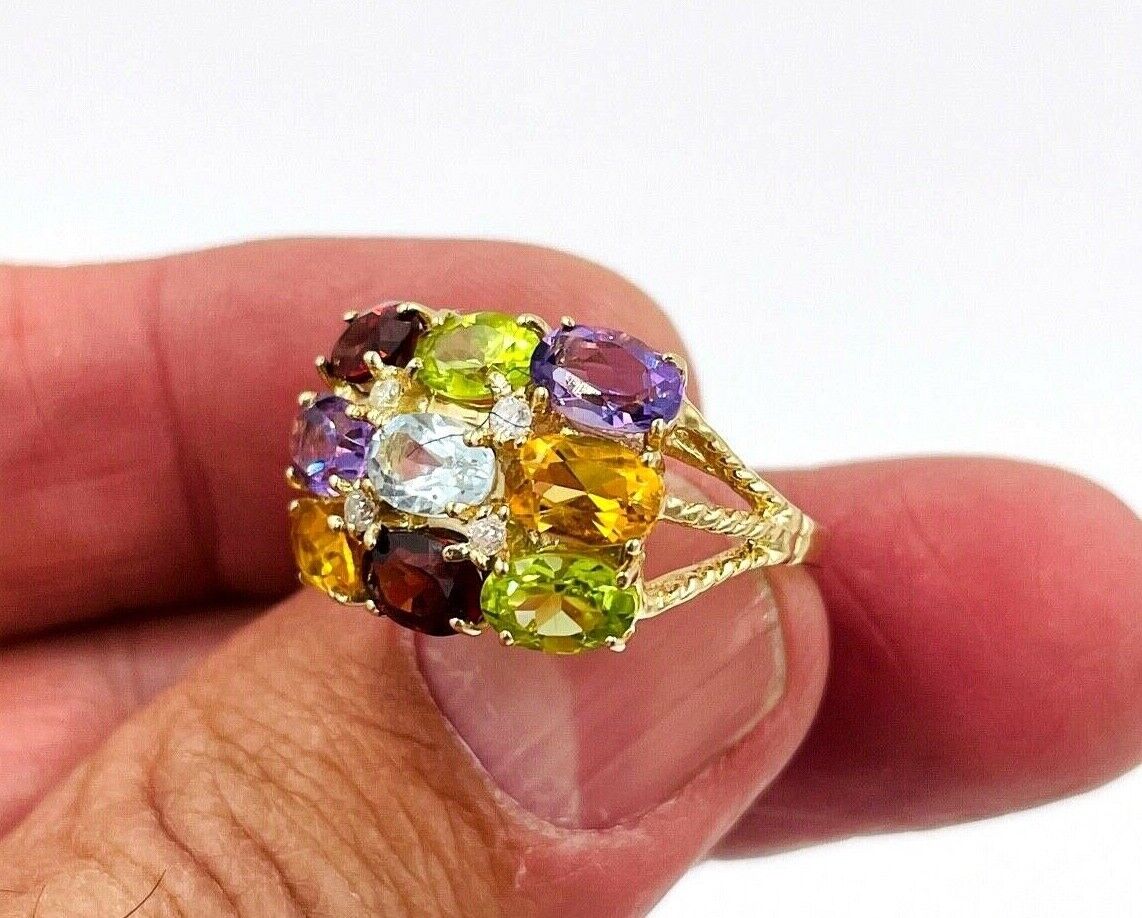 Vintage 14k Yellow Gold Mothers Ring multi gemstone Diamond accents size 6