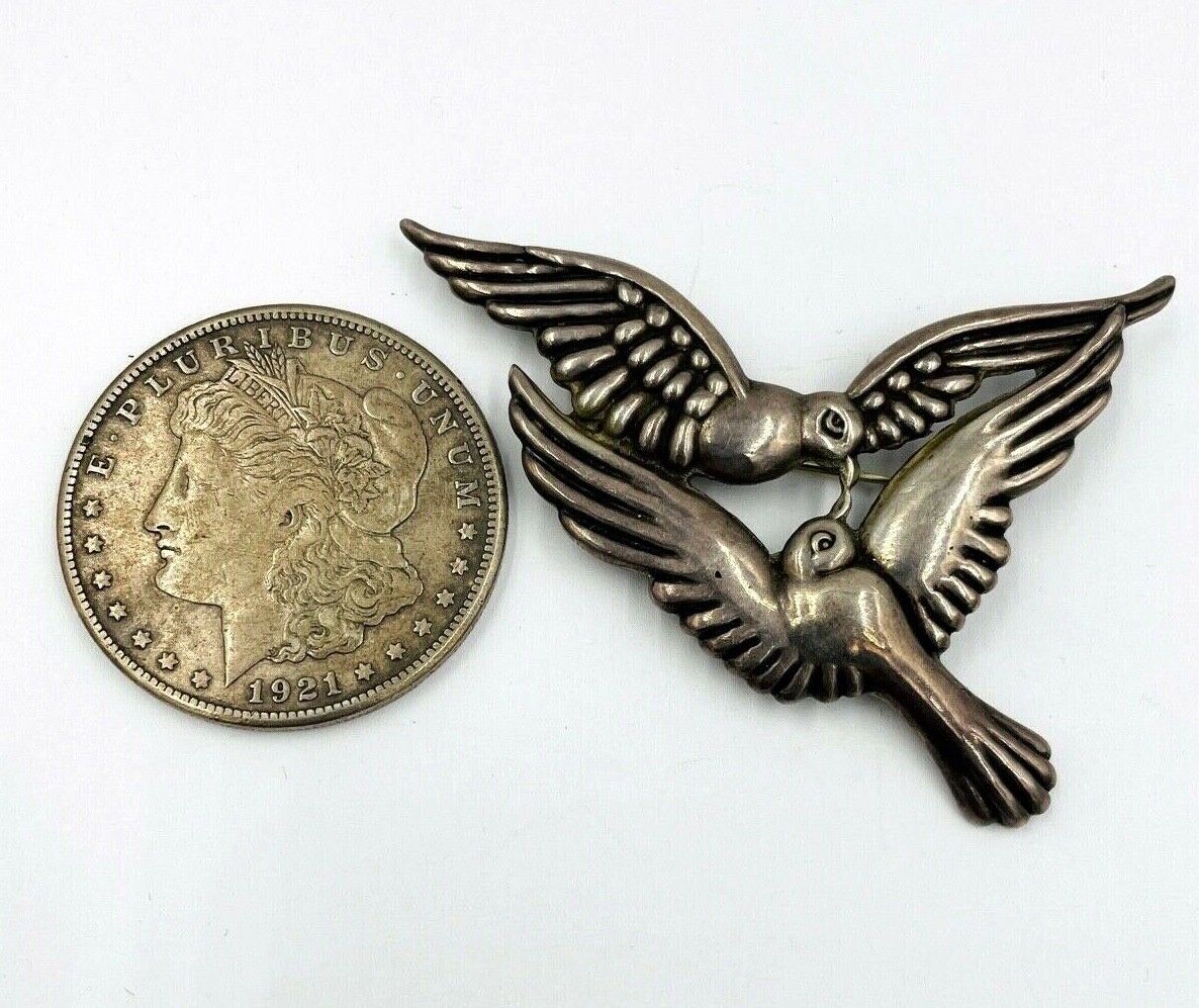 Vtg Los Castillo Taxco Mexico Sterling Silver two Birds Brooch Pin #618