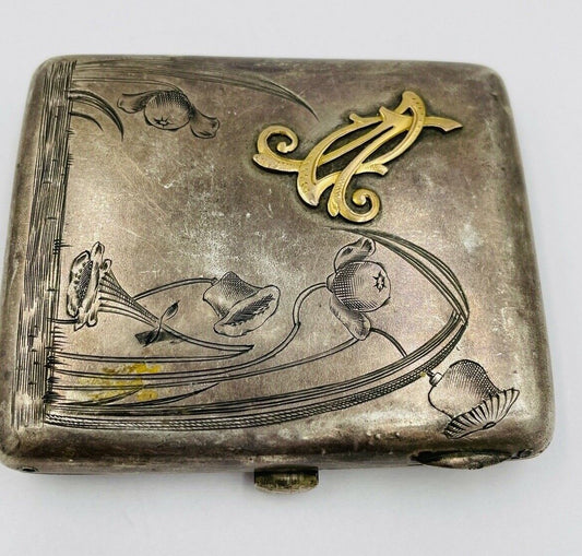 Antique German 800 Silver Art Nouveau Floral Pill Box Trinket 10k gold