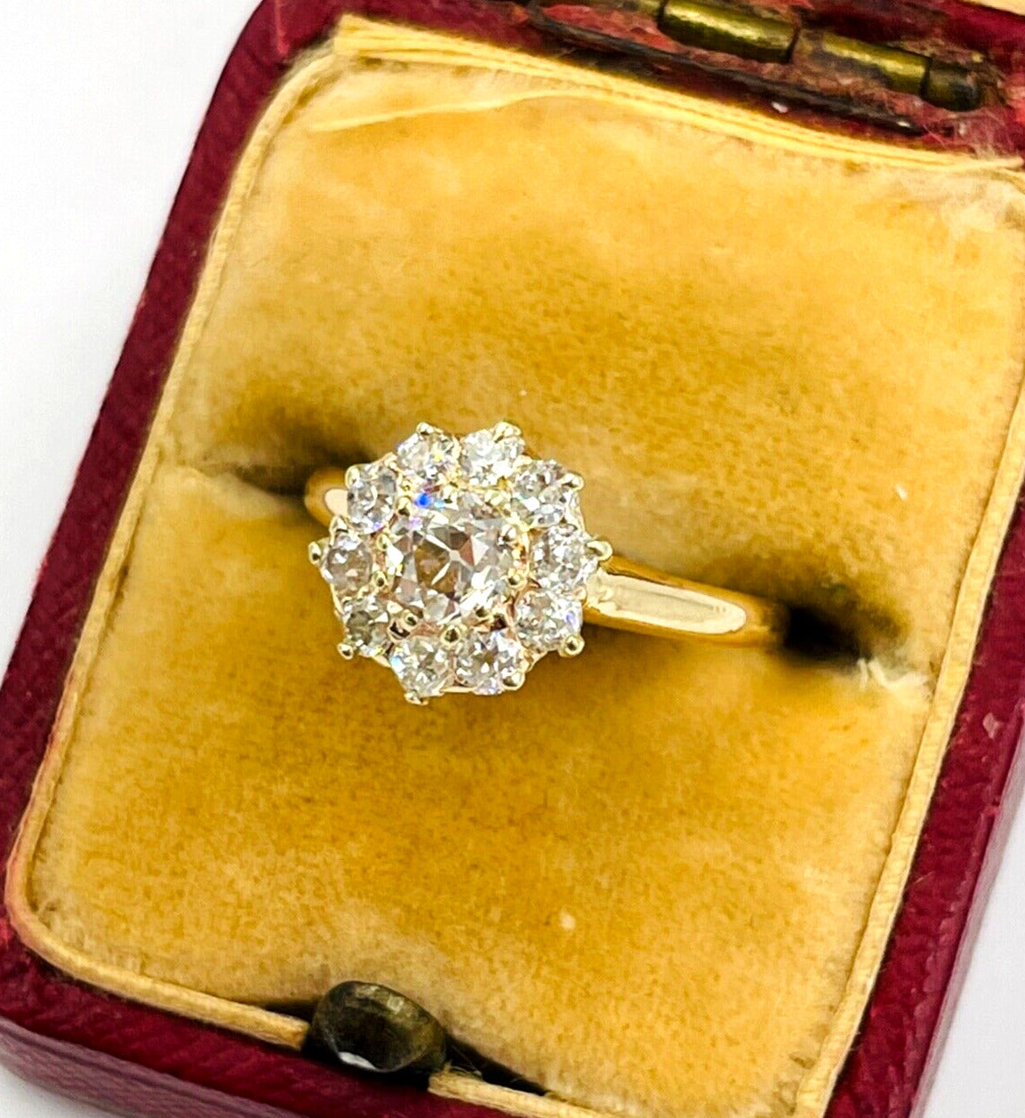 Victorian 14K Gold Diamond Cluster Flower Ring Old European Cut VS