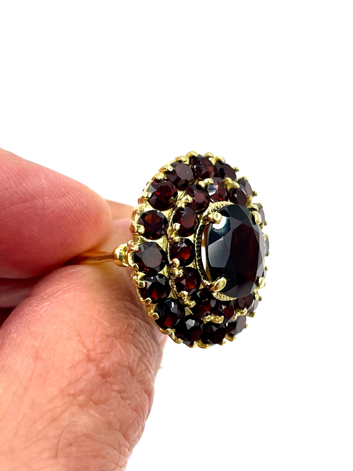 Estate 18k Yellow gold Garnet Cluster ring Mid Century Italy Cocktail Ring