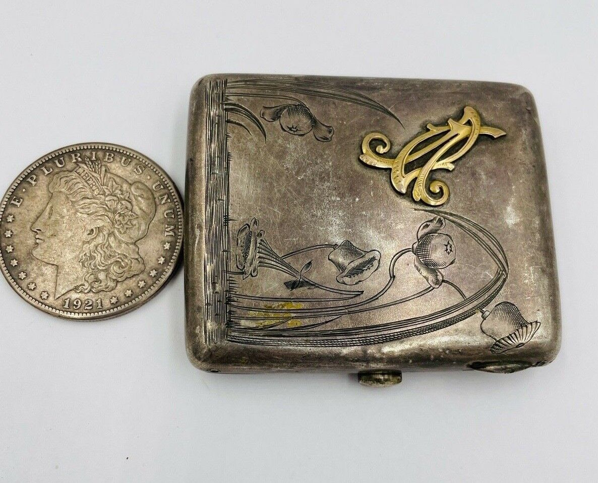 Antique German 800 Silver Art Nouveau Floral Pill Box Trinket 10k gold