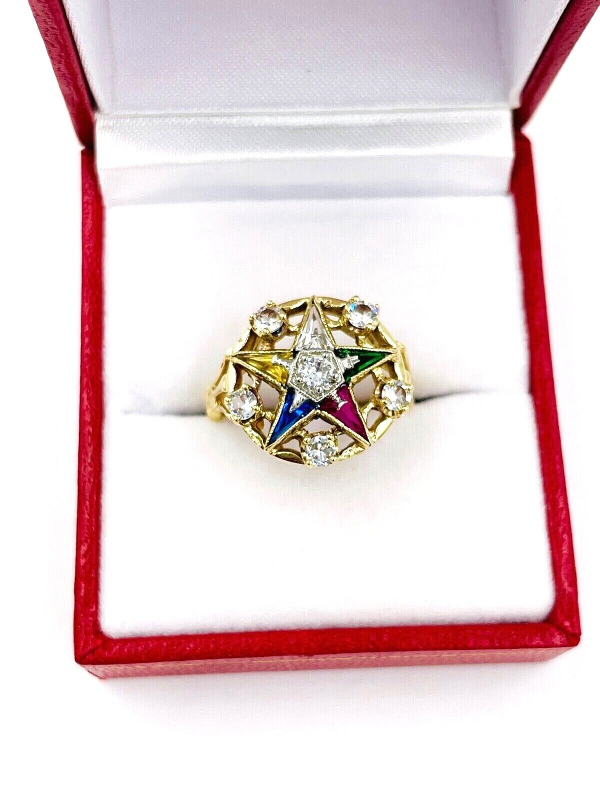 Vintage Eastern Star 10k Yellow Gold Ring white Sapphires