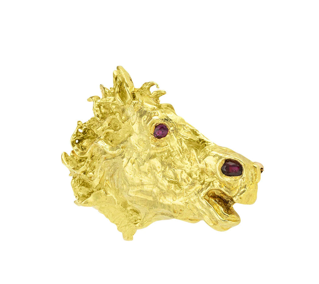 Barbara Anton 18k Yellow Gold Ruby Horse Head Slide Brooch Pendant