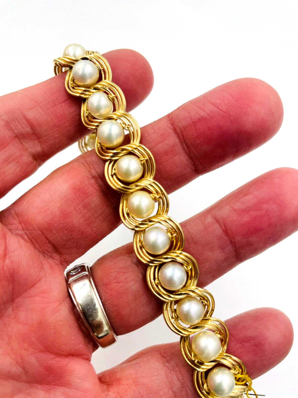 Vintage 14K Yellow Gold Pearl swirl Link Bracelet 7" long 23.1 grams