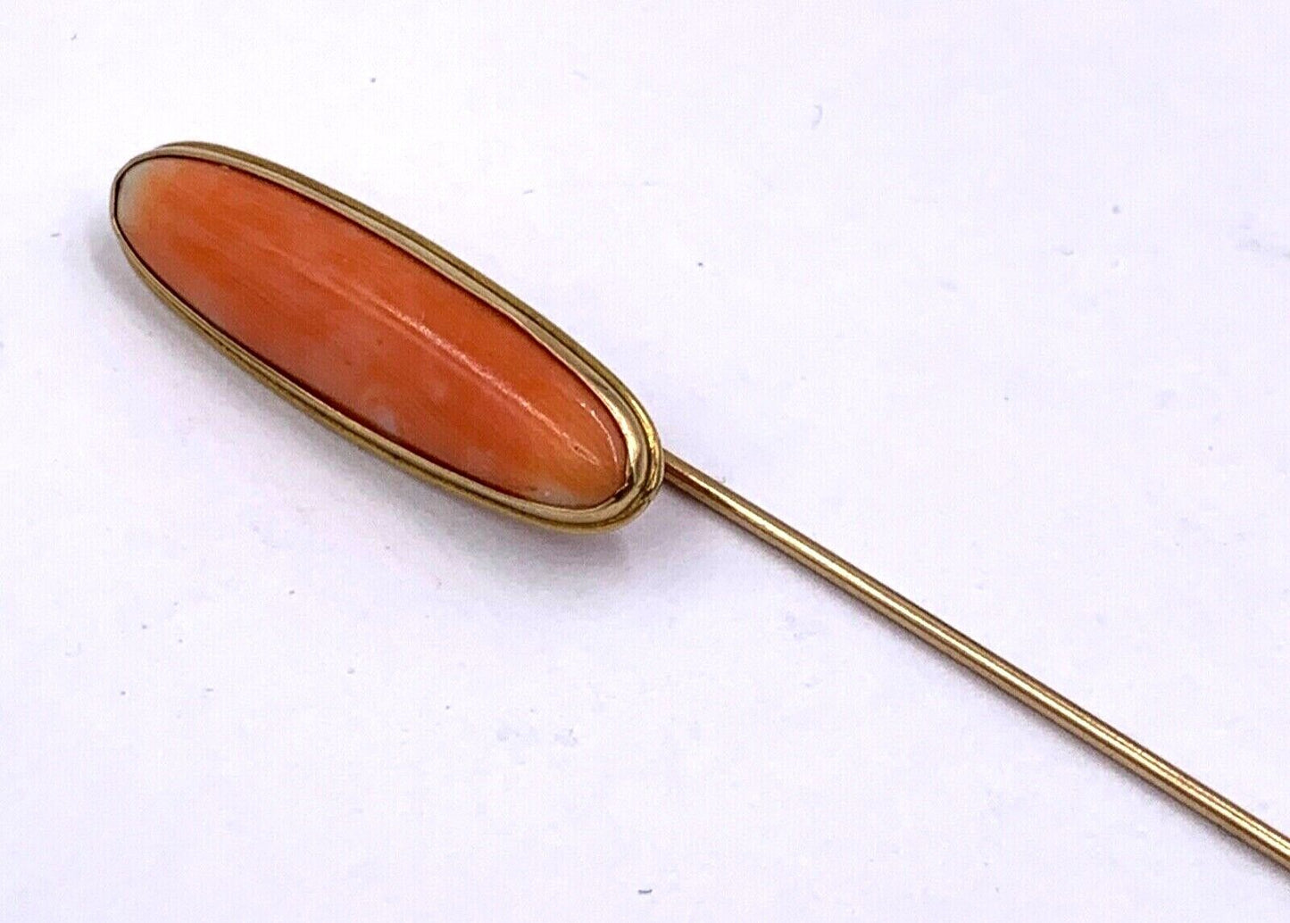 Antique 10K Yellow Gold Salmon Coral Lapel Pin stick hat pin Signed