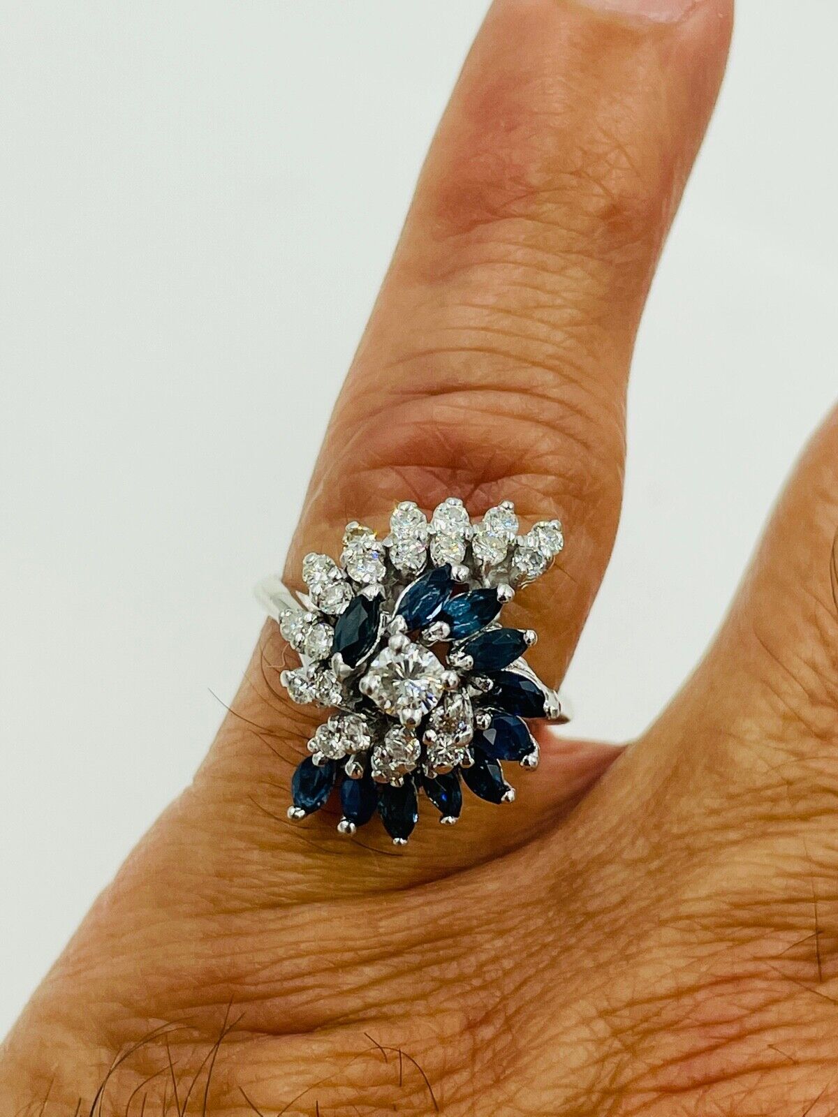 Estate 14k Gold diamond Sapphire swirl cocktail Ring .90ct VS G