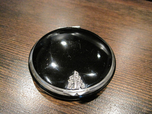 Art deco Sterling Silver Marcasite Black Enamel Compact