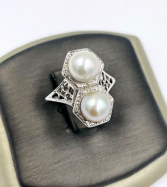 Vintage 14K White Gold Filigree double Pearl Ring Art Deco