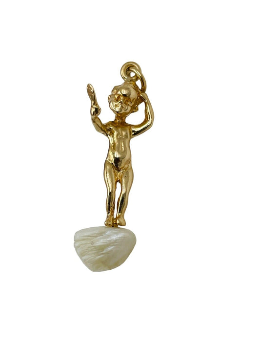 Vintage RUSER 14k Gold Angel Cherub with Mirror Pearl Pendant 3.8 Grams