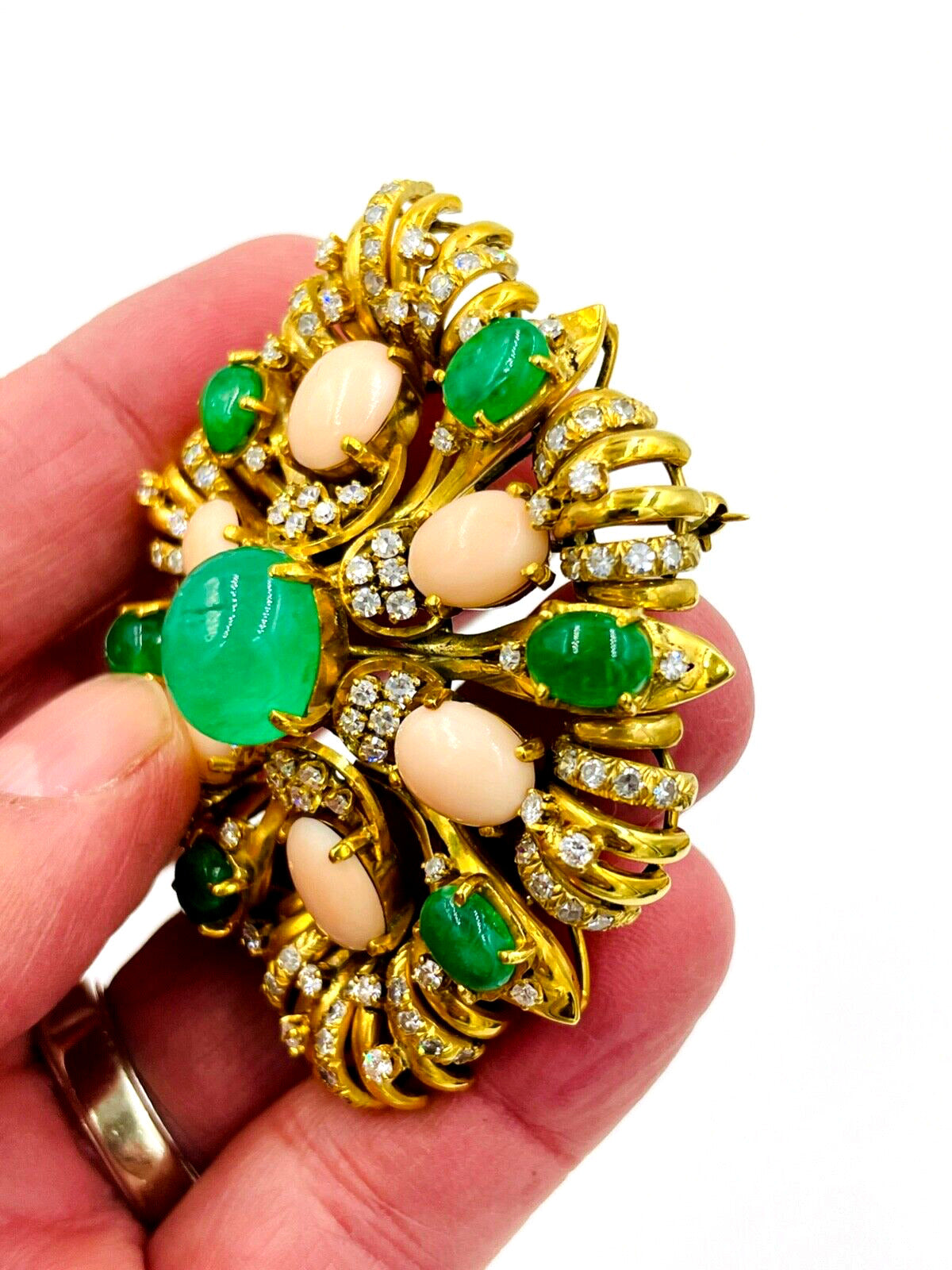 Vintage Signed 18K Yellow Gold Diamond Emerald Angel Skin Coral brooch pin