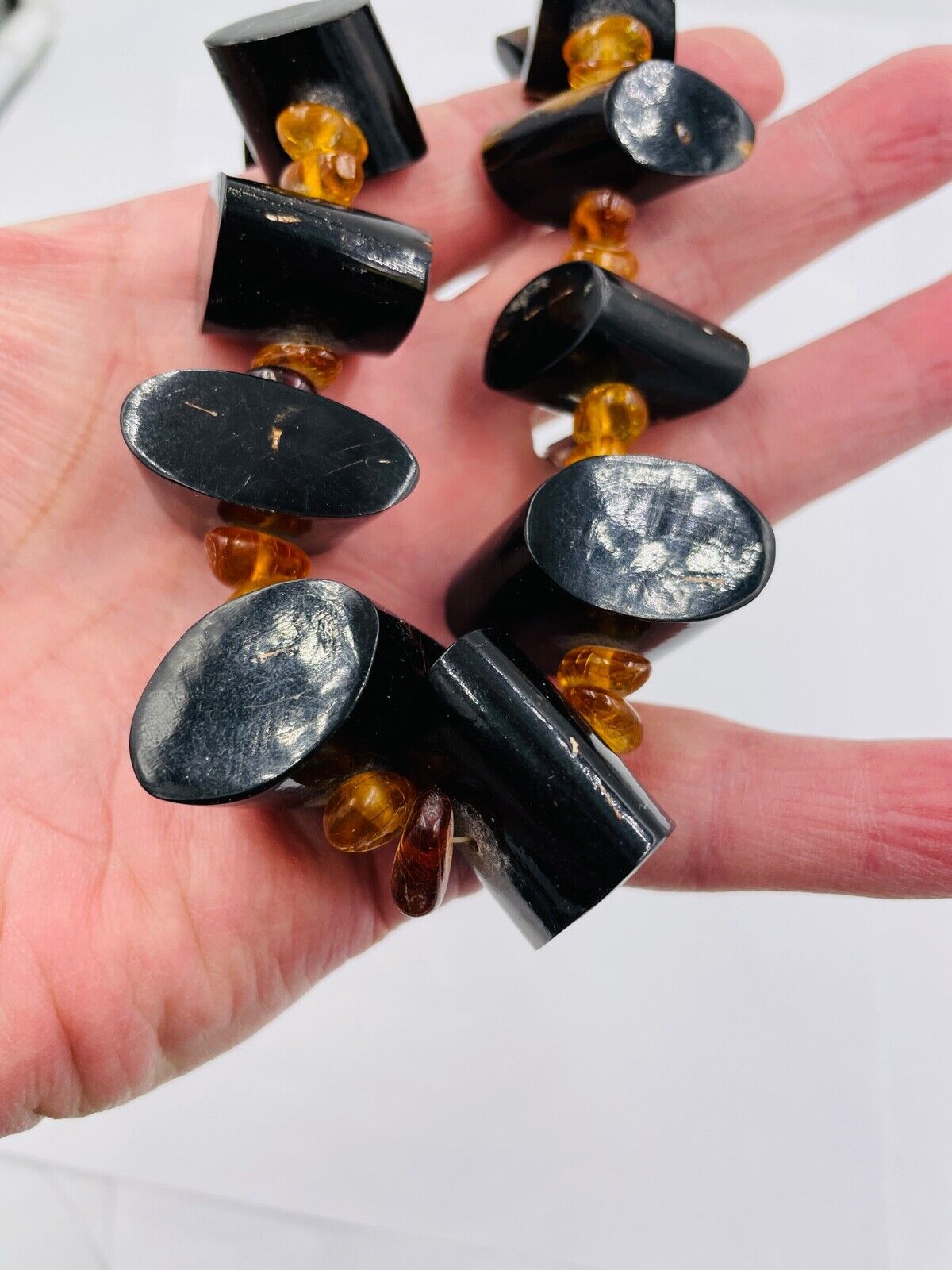Vintage Amber and Black coral, Natural ,Rare Chunky Necklace branch coral
