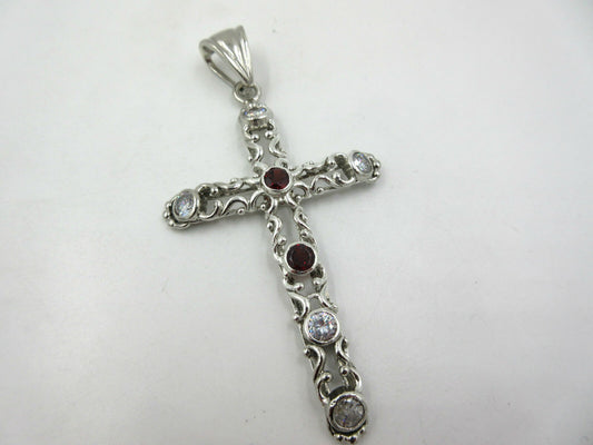 Signed JHSY 925 Sterling Silver Garnet & Clear Crystal Cross Pendant Large