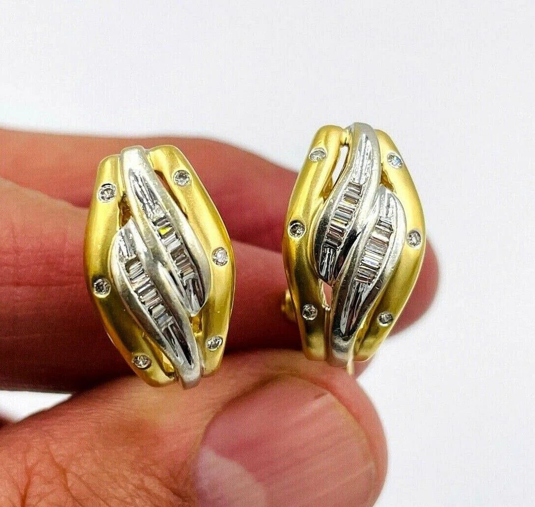 18k Yellow Gold Diamond Earrings pierced Huggies Omega backs