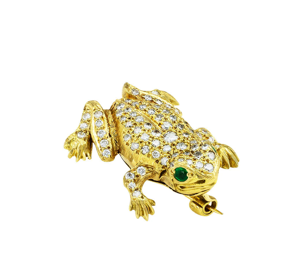 Austrian Diamond Emerald Gold Frog Brooch Art Deco