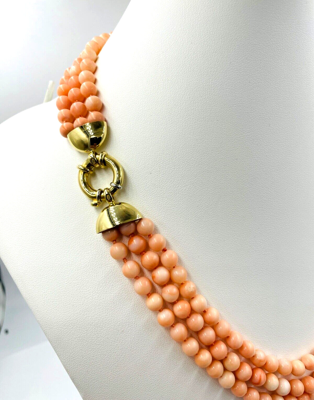 Estate Angel Skin Coral Bead triple Strand Necklace 18k gold Italian