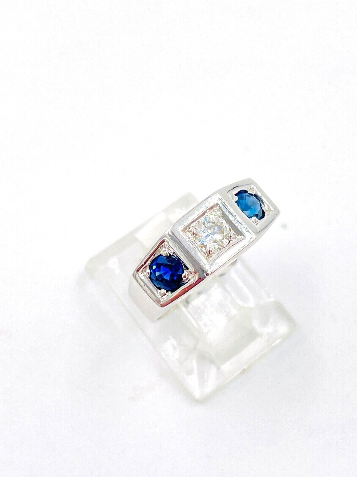 Art Deco Diamond Sapphire White Gold Three Stone Ring