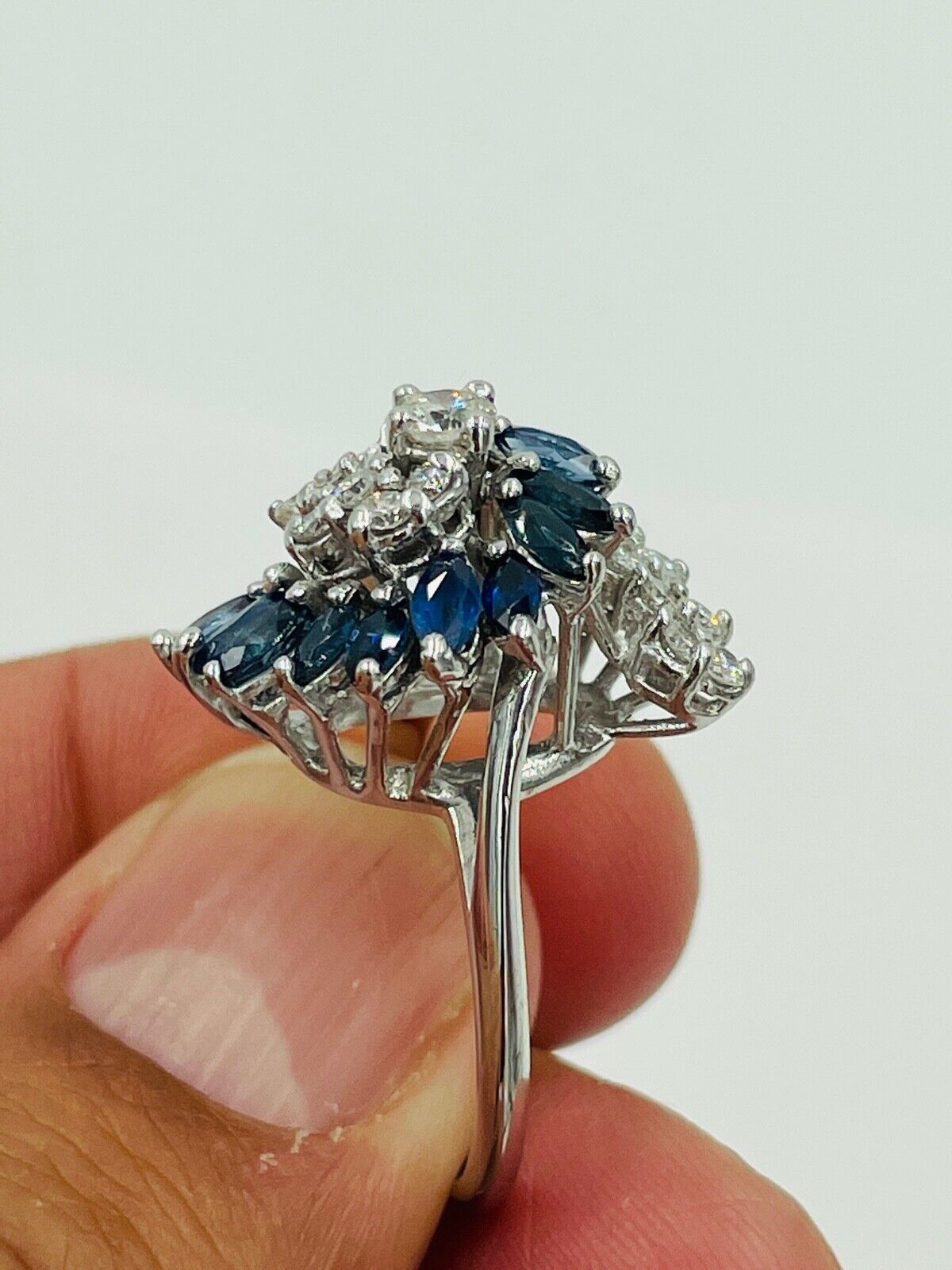 Estate 14k Gold diamond Sapphire swirl cocktail Ring .90ct VS G