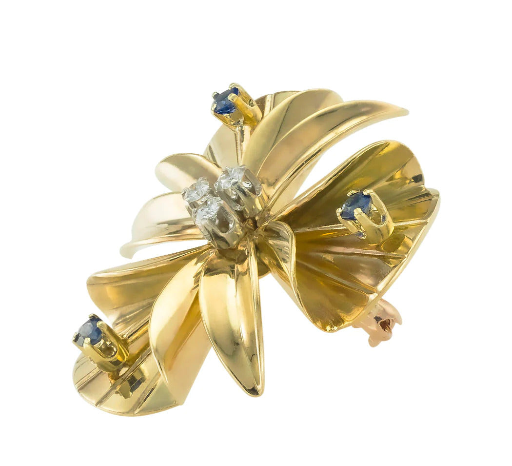 Tiffany & Co Diamond Sapphire Yellow Gold Orchid Brooch