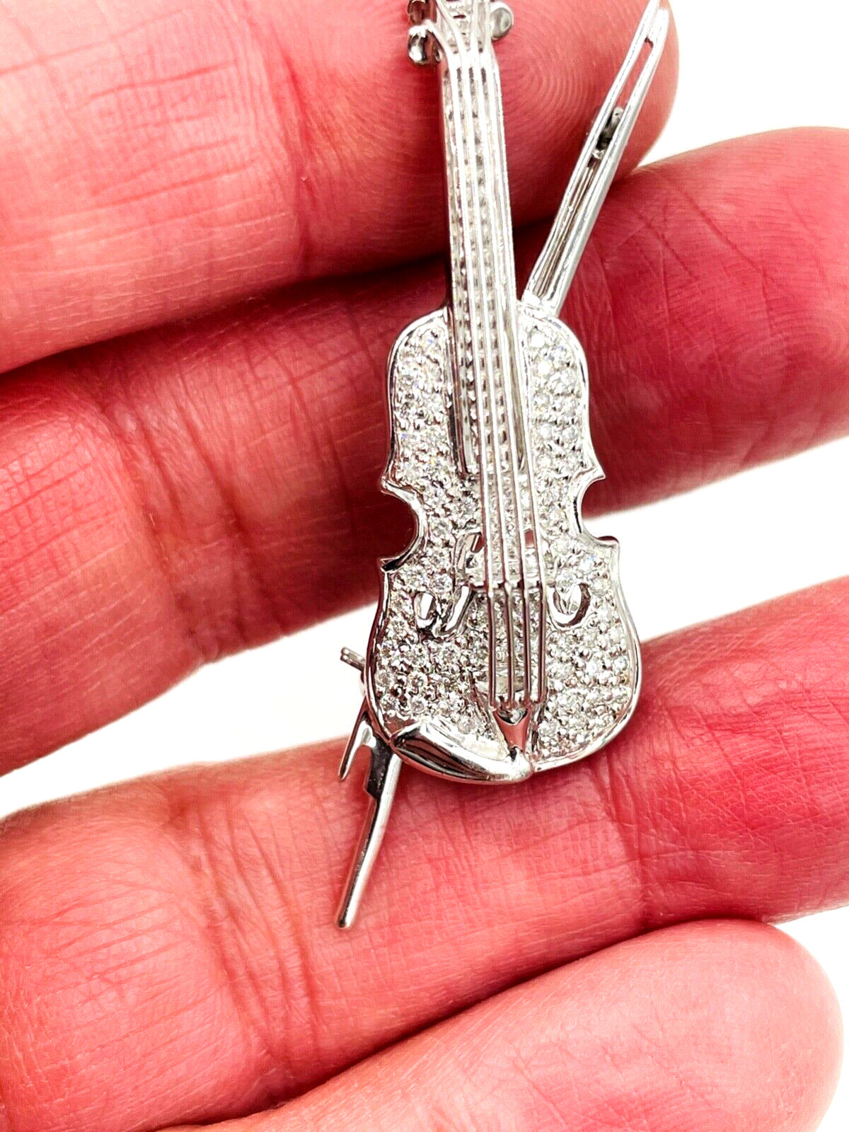 Estate 18K White Gold Diamond Violin brooch pin .45cts VS