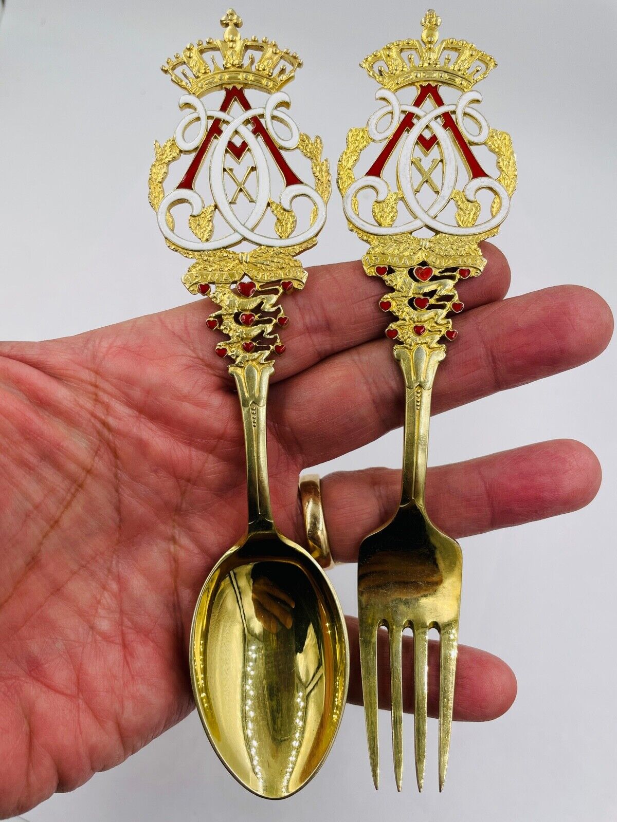 A. Michelsen Remembrance spoon and fork set gilded red enamel crown Very Rare