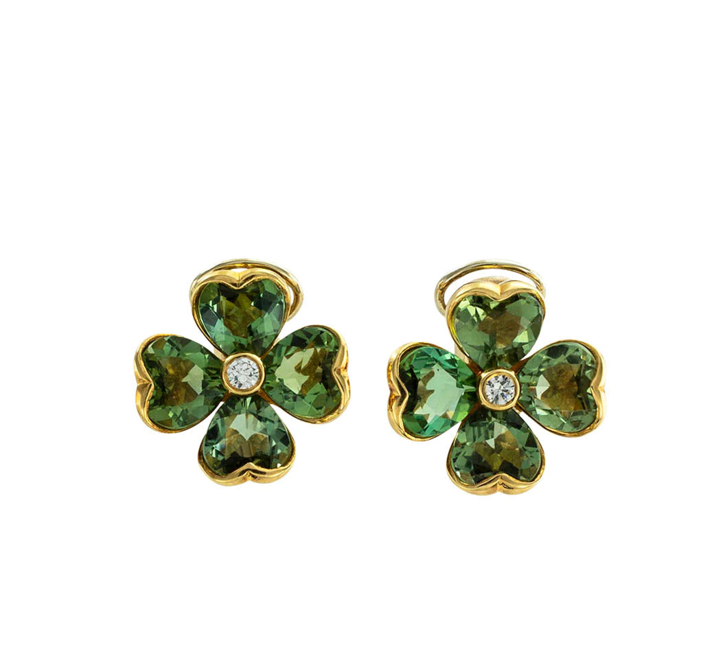 Carlos Illario Green Tourmaline Diamond Four Leaf Clover Clip On Earrings