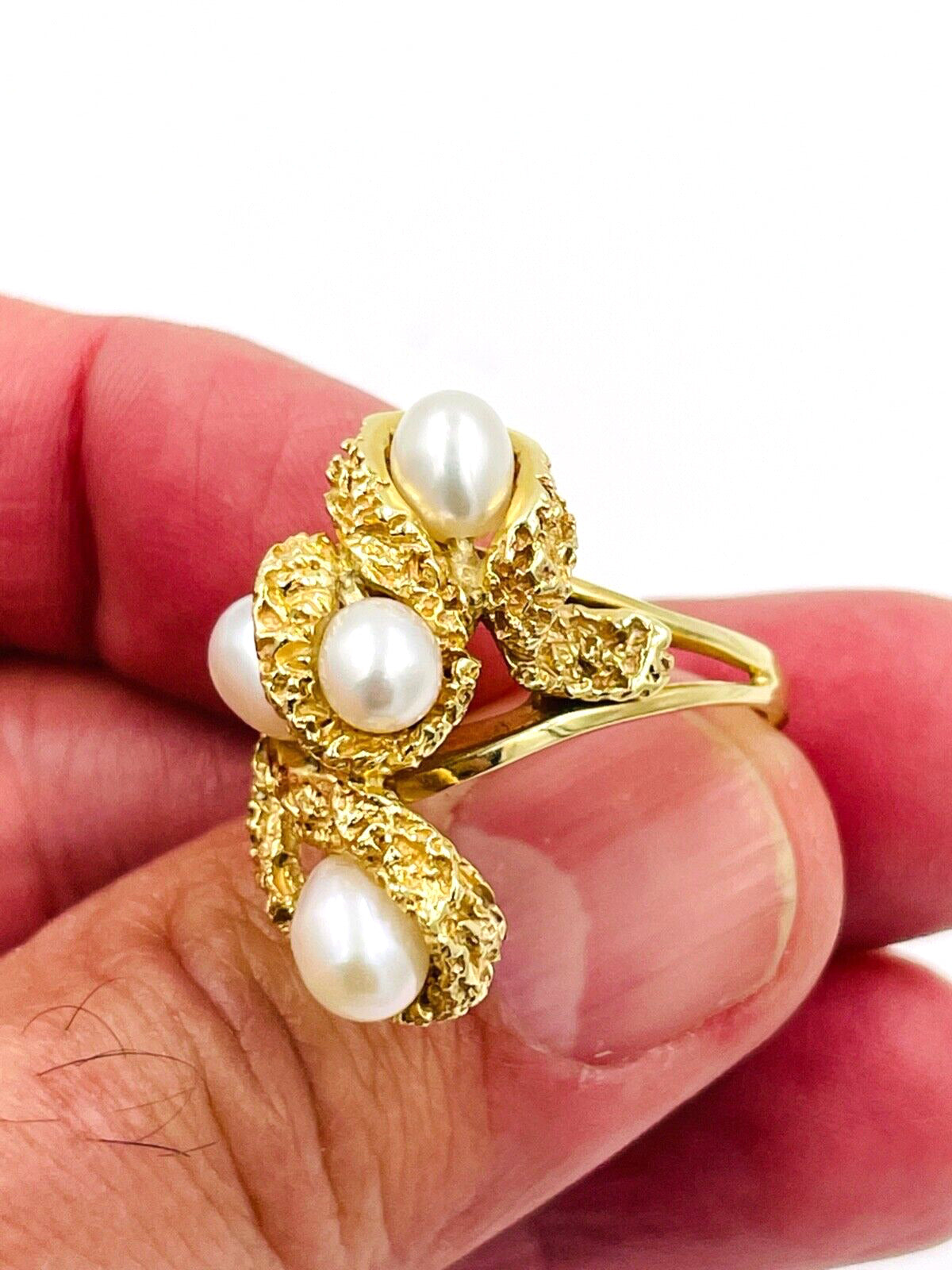 Estate 14k Yellow Gold Textured Abstract Pearl Statement ring heavy
