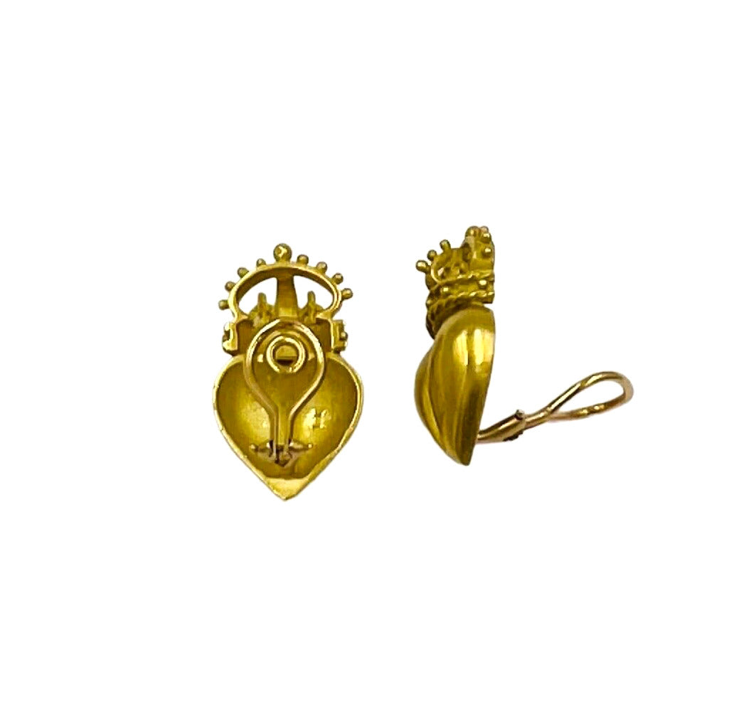 Crown And Heart Clip On Yellow Gold Earrings