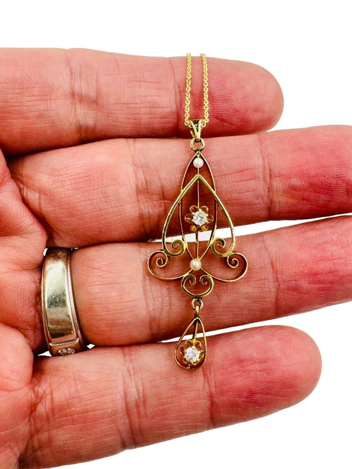 Antique Lavalier  Diamond Pearl Pendant Necklace Art Nouveau