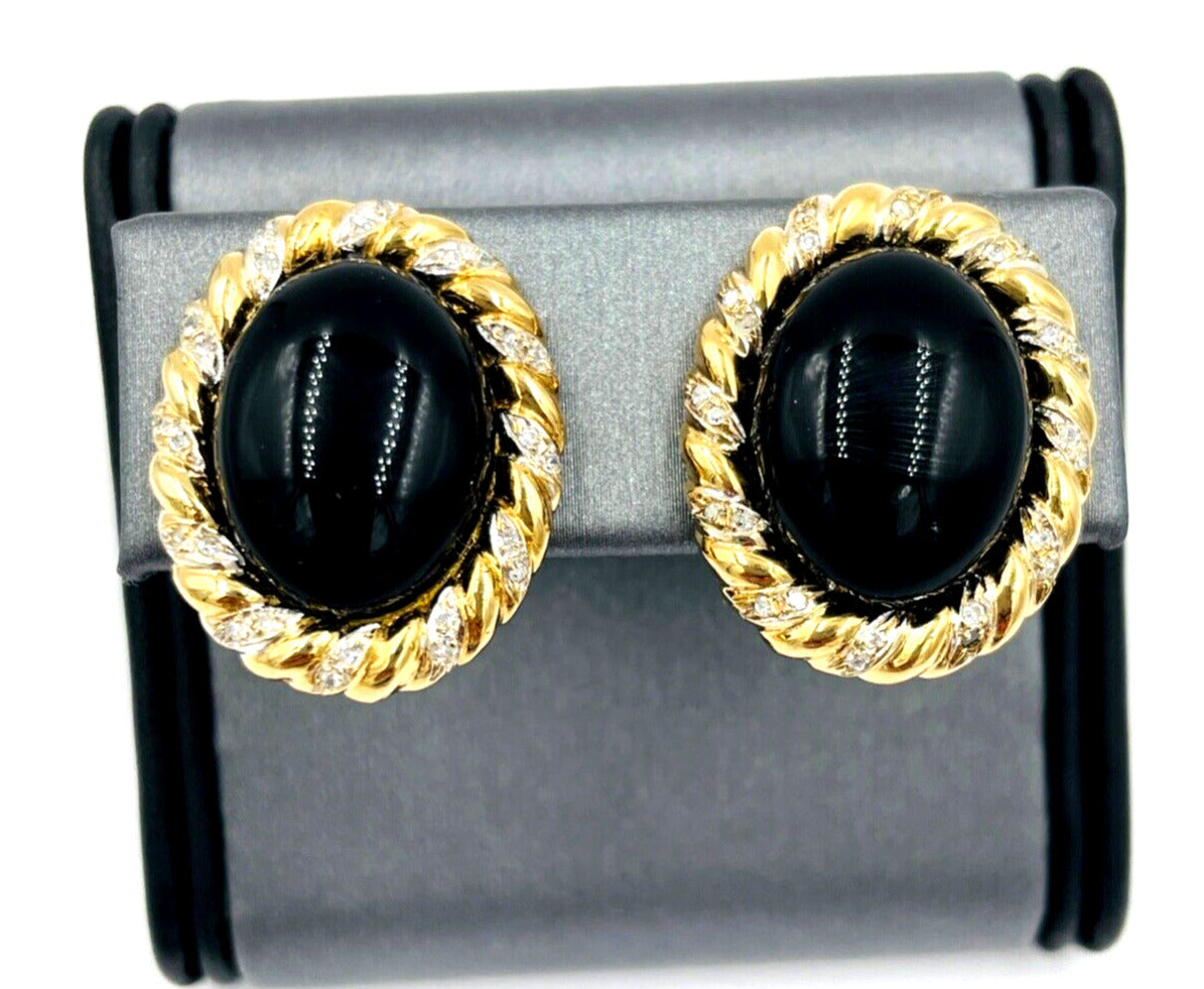 Estate 14k Gold Diamond Onyx Oval stud Earrings