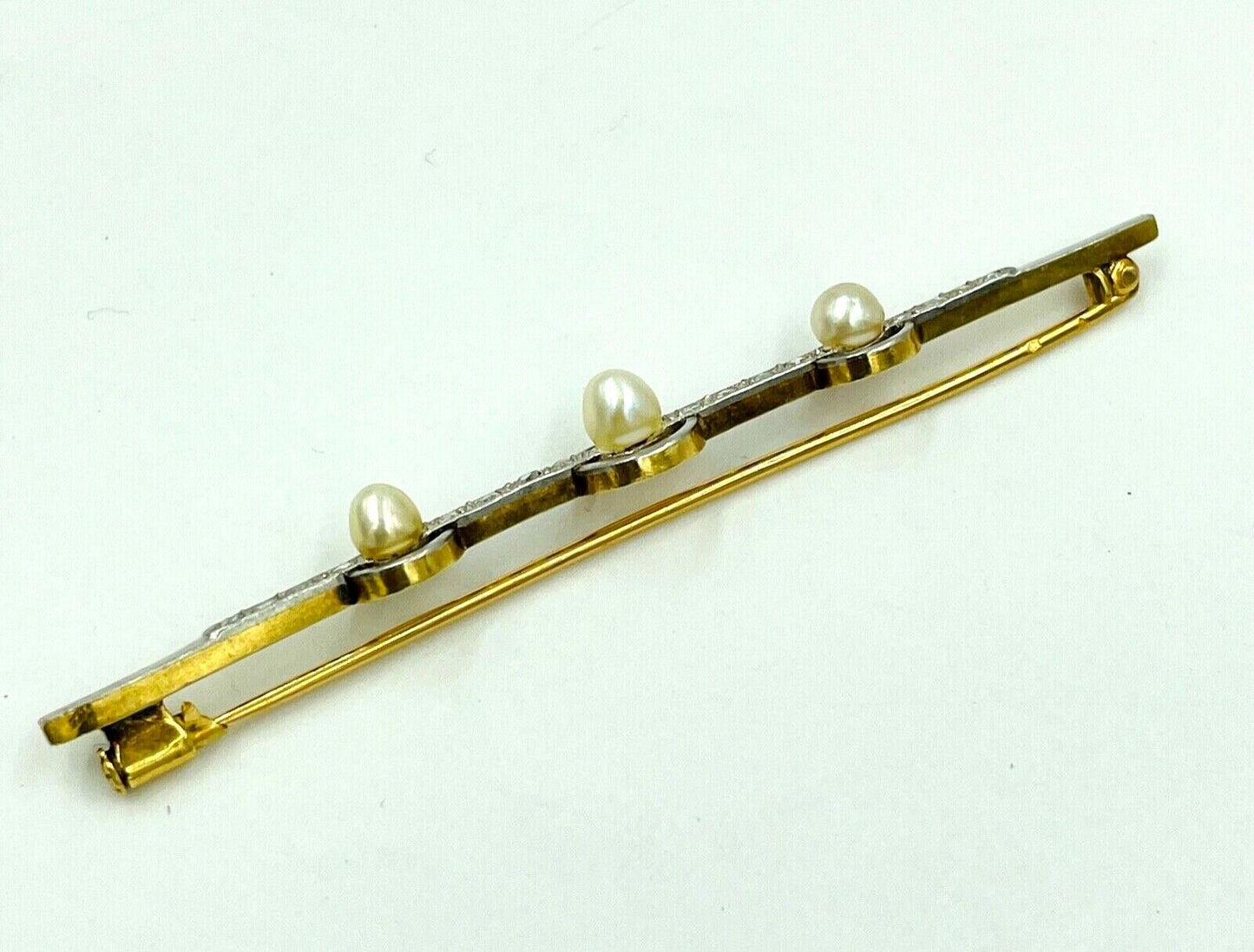 Antique French 18k and Platinum Rose Cut Diamond and Pearl brooch bar pin