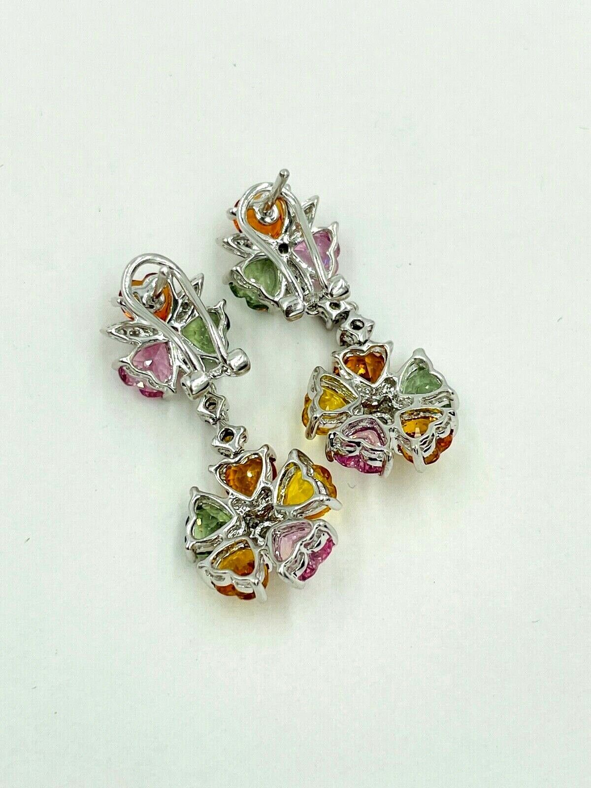 14k white gold Sapphire Diamond flower dangle earrings 8.ct Hearts Sonia Bitton