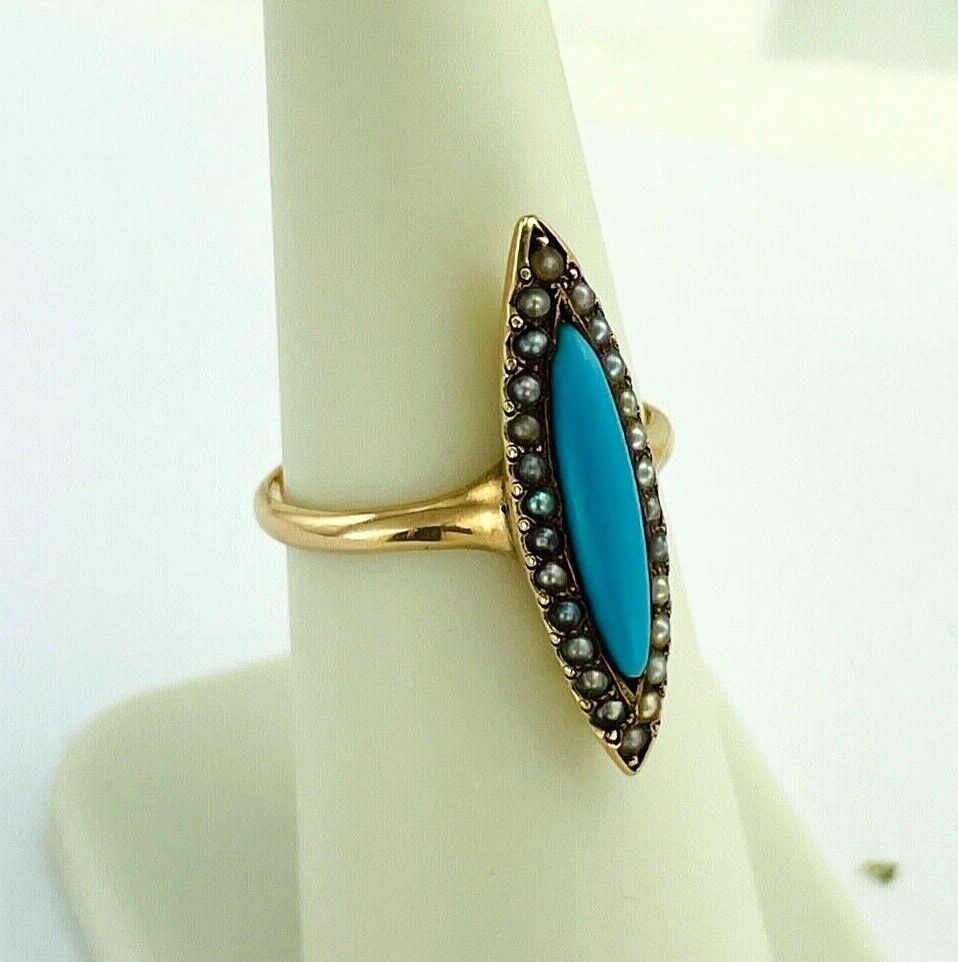 Antique14k yellow gold blue stone pearl Ring signed size 6.5