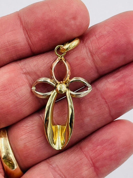 Estate 14k try-color Gold modernist Cross Pendant