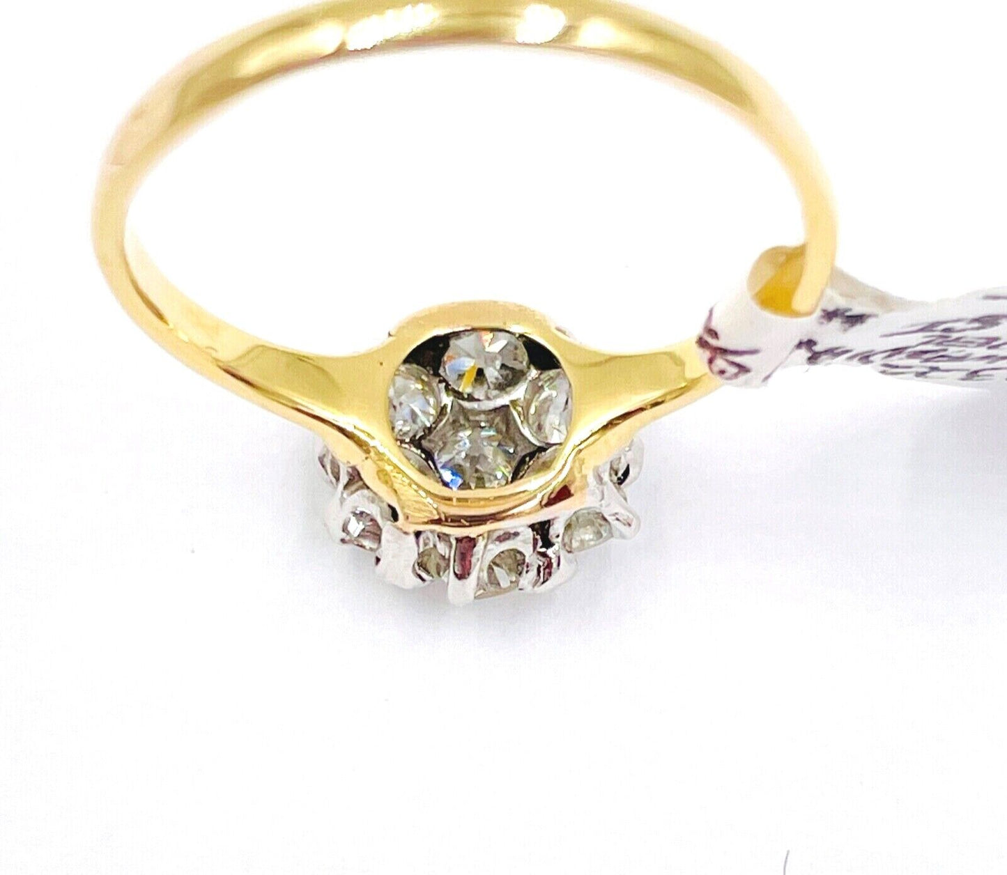 Edwardian 14K Gold Platinum Diamond Cluster Flower Ring Old Mine Cut VS